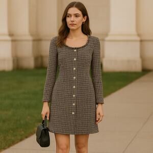 Gabby Skye Tweed Dress Sz 4 Ivy Preppy Academia 60s Mod Style Pearl Fringe Trim